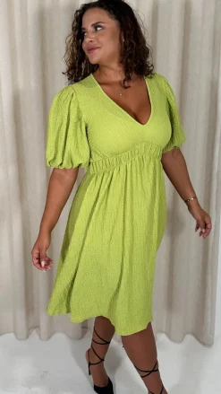 CurveWow Texture V Neck Midi Dress Lime