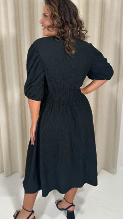 CurveWow Texture V Neck Midi Dress Black