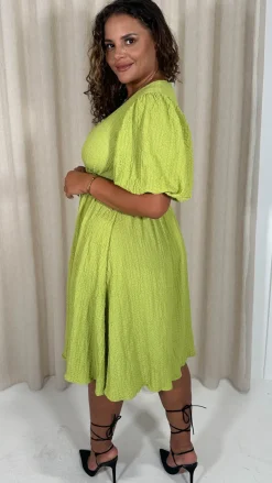 CurveWow Texture V Neck Midi Dress Lime