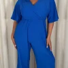 CurveWow Textured Angel Sleeve Wrap Wide Leg Jumpsuit Blue