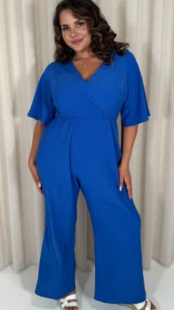 CurveWow Textured Angel Sleeve Wrap Wide Leg Jumpsuit Blue