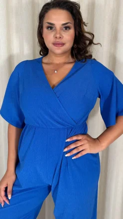 CurveWow Textured Angel Sleeve Wrap Wide Leg Jumpsuit Blue