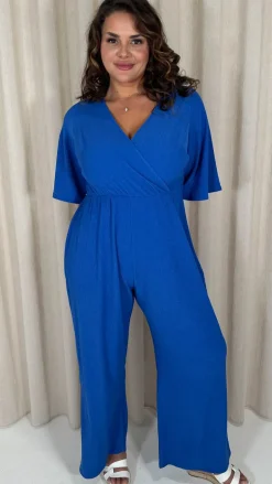 CurveWow Textured Angel Sleeve Wrap Wide Leg Jumpsuit Blue