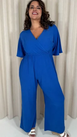 CurveWow Textured Angel Sleeve Wrap Wide Leg Jumpsuit Blue