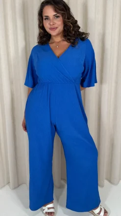 CurveWow Textured Angel Sleeve Wrap Wide Leg Jumpsuit Blue