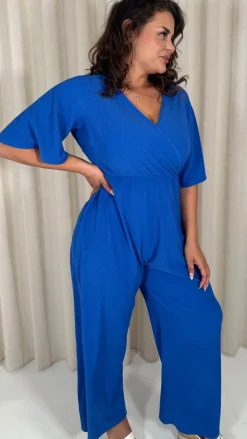 CurveWow Textured Angel Sleeve Wrap Wide Leg Jumpsuit Blue