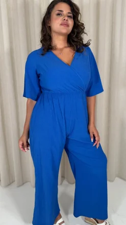 CurveWow Textured Angel Sleeve Wrap Wide Leg Jumpsuit Blue