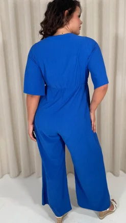 CurveWow Textured Angel Sleeve Wrap Wide Leg Jumpsuit Blue