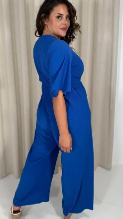 CurveWow Textured Angel Sleeve Wrap Wide Leg Jumpsuit Blue