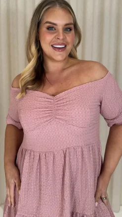 CurveWow Textured Bardot Smock Dress Pink