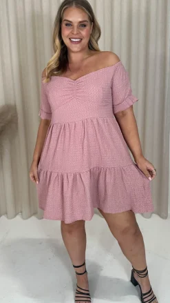 CurveWow Textured Bardot Smock Dress Pink