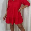 CurveWow Textured Seersucker Mini Dress Red