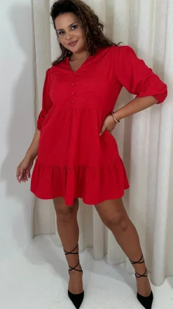 CurveWow Textured Seersucker Mini Dress Red