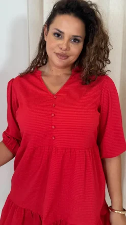 CurveWow Textured Seersucker Mini Dress Red