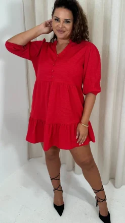 CurveWow Textured Seersucker Mini Dress Red