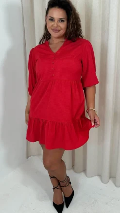 CurveWow Textured Seersucker Mini Dress Red
