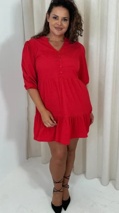 CurveWow Textured Seersucker Mini Dress Red