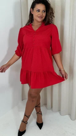 CurveWow Textured Seersucker Mini Dress Red