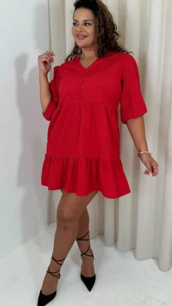 CurveWow Textured Seersucker Mini Dress Red