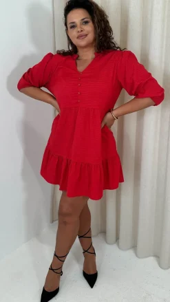 CurveWow Textured Seersucker Mini Dress Red
