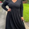 CurveWow Textured V Neck Long Sleeve Midi Dress Black