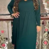 CurveWow Textured V Neck Long Sleeve Midi Dress Green
