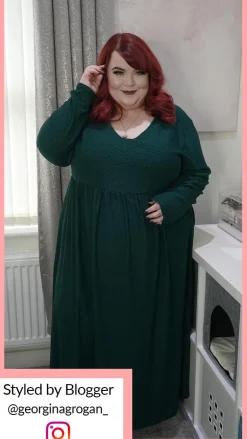 CurveWow Textured V Neck Long Sleeve Midi Dress Green