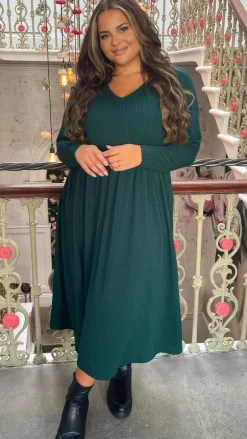 CurveWow Textured V Neck Long Sleeve Midi Dress Green