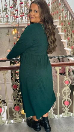 CurveWow Textured V Neck Long Sleeve Midi Dress Green