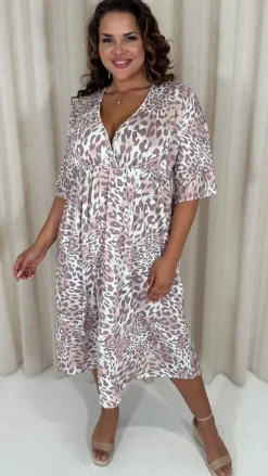 CurveWow Tie Back Kimono Sleeve Midi Dress Light Animal