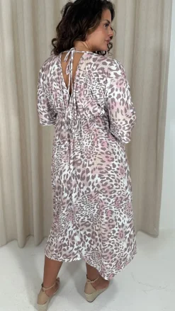 CurveWow Tie Back Kimono Sleeve Midi Dress Light Animal