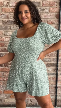 CurveWow Tie Back Playsuit Green Floral