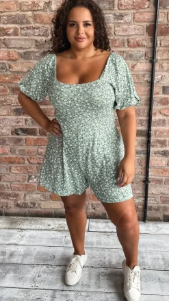 CurveWow Tie Back Playsuit Green Floral