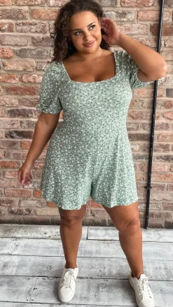 CurveWow Tie Back Playsuit Green Floral
