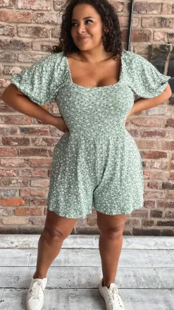 CurveWow Tie Back Playsuit Green Floral