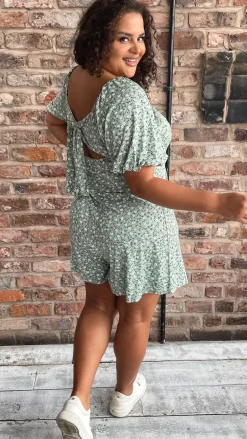 CurveWow Tie Back Playsuit Green Floral