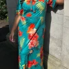 CurveWow Tie Neck Maxi Dress Teal Tropical Print