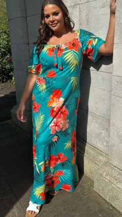 CurveWow Tie Neck Maxi Dress Teal Tropical Print