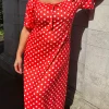 CurveWow Tie Neck Maxi Dress Red Polka Dot