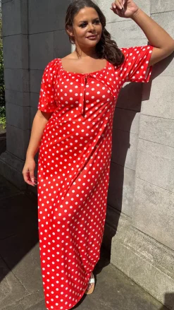 CurveWow Tie Neck Maxi Dress Red Polka Dot