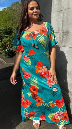 CurveWow Tie Neck Maxi Dress Teal Tropical Print