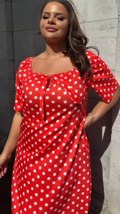 CurveWow Tie Neck Maxi Dress Red Polka Dot