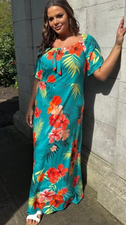 CurveWow Tie Neck Maxi Dress Teal Tropical Print