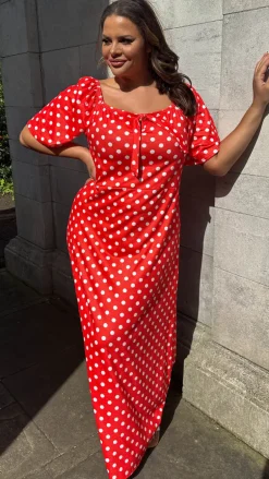 CurveWow Tie Neck Maxi Dress Red Polka Dot