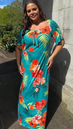 CurveWow Tie Neck Maxi Dress Teal Tropical Print