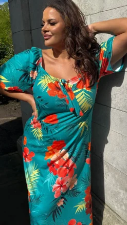 CurveWow Tie Neck Maxi Dress Teal Tropical Print