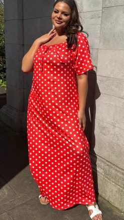 CurveWow Tie Neck Maxi Dress Red Polka Dot