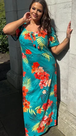 CurveWow Tie Neck Maxi Dress Teal Tropical Print