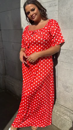 CurveWow Tie Neck Maxi Dress Red Polka Dot