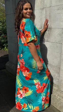 CurveWow Tie Neck Maxi Dress Teal Tropical Print
